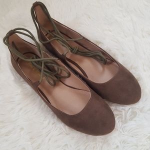 Mark & Maddux taupe lace up ballet flats.
